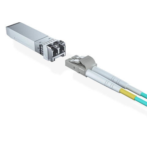 H!Fiber 10G multimode SFP+ LC module with MMF fiber cables, 2-pack, angled view