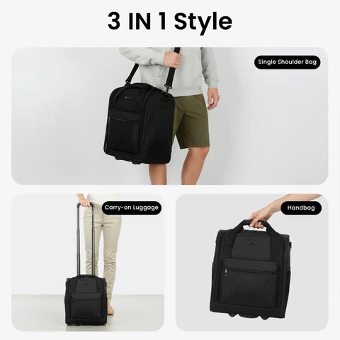 16 Inch Underseat Carry On Luggage With Wheels 3 In 1 Design in use: shoulder bag, rolling suitcase, handbag.