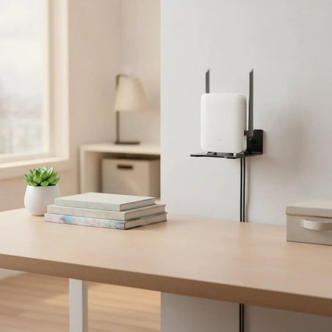 Wall Mounted Router And Electronics Mounting Bracket One Piece Construction For A Floating Shelf Setup In Carbon Steel Elevating Routers