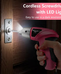 Straight Up Handy Compact Cordless Screwdriver With Forward Reverse Control For Quick Home Repairs And Furniture Setup Nifty Small Pink Power Tool With Ergo Grip Handle Storage Case in use with LED light