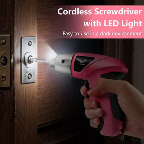 Straight Up Handy Compact Cordless Screwdriver With Forward Reverse Control For Quick Home Repairs And Furniture Setup Nifty Small Pink Power Tool With Ergo Grip Handle Storage Case in use with LED light