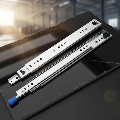 Heavy Duty Drawer Slides With Locking Bearing System, 3-Section Ball Bearing Rails in Cold Rolled Steel, 60 cm length displayed