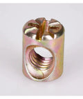 Close-up of Heavy Duty M6 Zinc Plated Slotted Barrel Nut for Woodworking, showing threads and slotted top for easy installation.