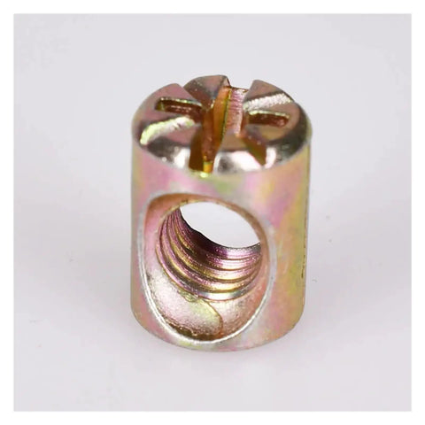 Close-up of Heavy Duty M6 Zinc Plated Slotted Barrel Nut for Woodworking, showing threads and slotted top for easy installation.