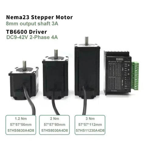 Nema23 stepper motors with 8mm output shaft and TB6600 driver, showcasing sizes and specifications for precise motion applications.