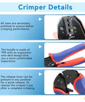 Ratcheting Crimping Tool Set With 8 Quick Change Jaws For Heat Shrink Terminals, ergonomic TPR handle and release lever details.