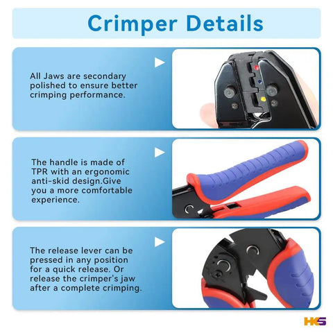 Close-up details of Ratcheting Crimping Tool Set 9 Piece With Automatic Wire Stripper showing jaws, ergonomic handle, and release lever.