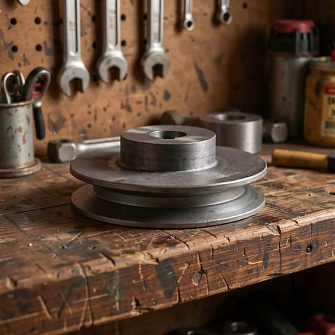 Sturdy Cast Iron Single Groove V Belt Drive Pulley With 100mm Pitch Diameter And 19mm Bore, placed on workbench.