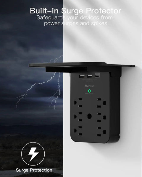 Surge Protector Wall Outlet Extender With Six AC Outlets USB C Port And Two USB A Ports Space Saving Wall Plug Expander in use