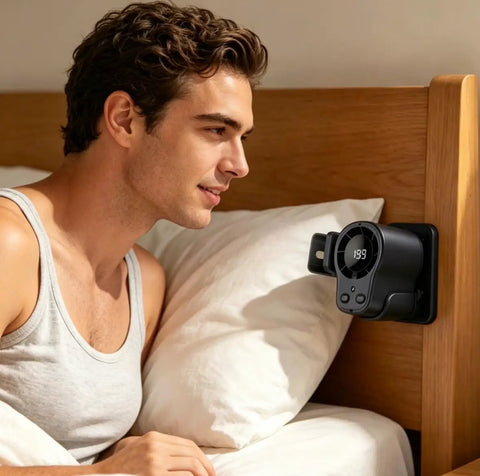 Man relaxing with Clip On Car Vent Fan With LED Display, 360 Degree Rotation, 199 Speed Settings mounted on headboard for cooling.
