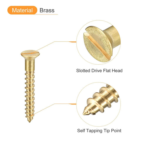 Brass Wood Screws Set, 15 Pieces M3.5 X 35mm Slotted Flat Head Self Tapping Screws For Woodworking And Furniture Making, close-up view