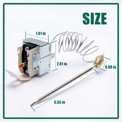 High Limit Fryer Thermostat Switch 450F 230C with One Quarter Inch Thread, showing measurements and metal construction.