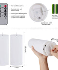 Outdoor Flameless LED Pillar Candles Set Of 2 11 By 4 Inches Waterproof Battery Operated with remote shown and battery compartment.