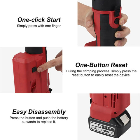 Heavy Duty No BS Electric Hydraulic Cable Cutter Provides Kickass Cutting Force Through Copper Wire And Armored Cable Up To Eighty Five Millimeter Thick Swift Action With Comfort Handles For Field Pros showing buttons for easy one-click start and reset.