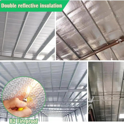 Heavy Duty Double Reflective Insulation Roll 48 By 10 Feet Radiant Barrier Attic Window Heat Shield B2 Fireproof aluminum bubble foil on ceiling.