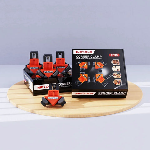 Four Pack 90 Degree Corner Clamp Set For Woodworking with packaging, spring-loaded right angle clamps, orange color on display.