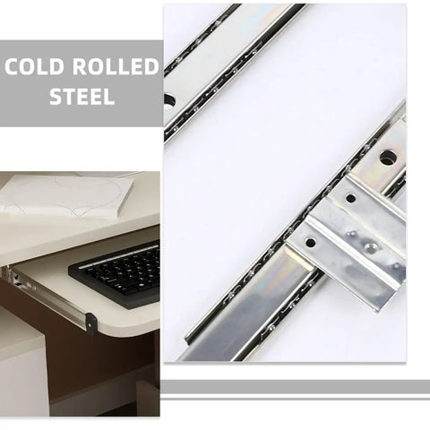 Top Notch Keyboard Slide Out Tray Rails With Drawer Track Guides 27Mm White, cold rolled steel slides on desk.