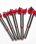 Heavy Duty Forstner Drill Bits Set Features Multi Sizes Carbide Wood Boring Tool For Smooth Hole Cutting And Pro Cabinet Crafting, five drill bits with red tips.