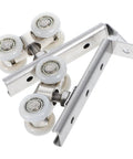 Top Notch Two Piece Stainless Steel Barn Door Roller Hardware With Foolproof Wall Mounted Track And Heavy Duty Wheels For Tight Rooms And Hassle Free Install close-up of durable wheels and track components.