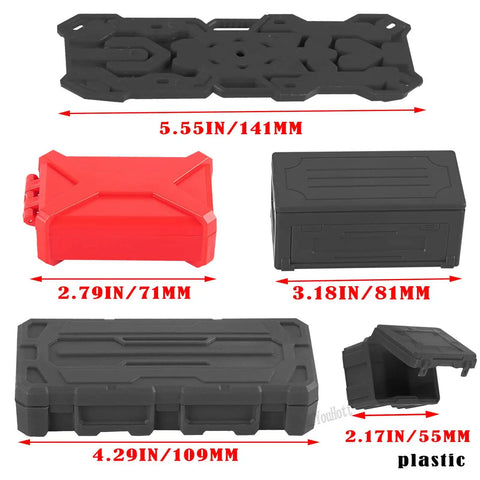 Decked-Out RC Crawler Decoration Kit For 1/10 TRX4 TRX6 SCX10 Gen 7 8 Orange with plastic toolbox accessories sizes shown