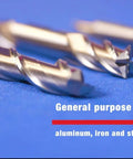 Close-up of three HSS end mills with 3/8 in shanks, sizes 1/8, 3/16 and 1/4 on blue background