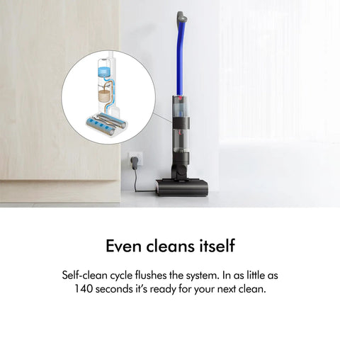 WashG1 Wet Cleaner For Hard Floors With Dual Motorized Rollers And Microfiber Pads in matte black and ultra blue self-cleaning