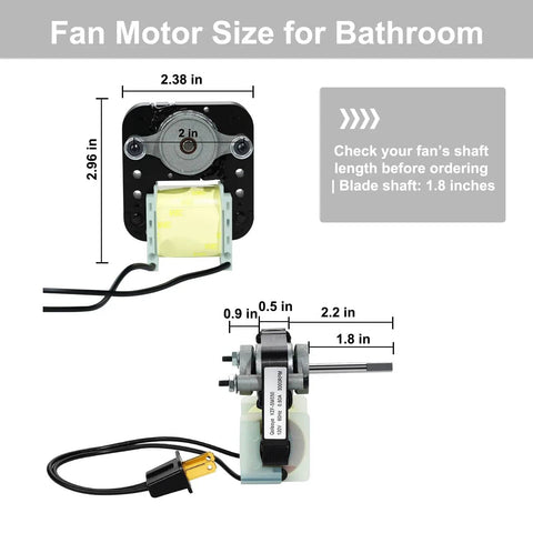 Dimensions of Universal Bathroom Exhaust Fan Motor Kit 120V 50CFM Quiet Upgrade For NuTone And Broan shown with plug