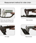 Measurement method for roller chain showing pitch, roller diameter, pin length, and plate thickness with calipers