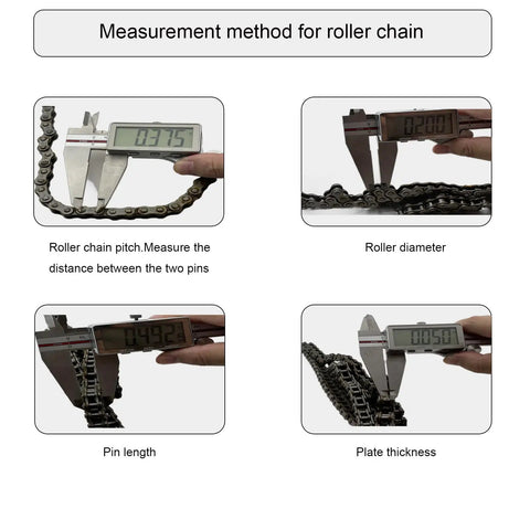 Measurement method for roller chain pitch, diameter, pin length, and plate thickness using digital calipers