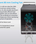 Silent 80 mm cooling fan for Rock Solid 5 Bay External Hard Drive Enclosure, featuring aluminum casing and temperature sensor.