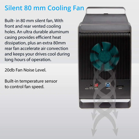 Silent 80 mm cooling fan for Rock Solid 5 Bay External Hard Drive Enclosure, featuring aluminum casing and temperature sensor.