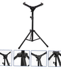 Folding Snare Drum Stand With Adjustable Height Tripod Base Heavy Duty Black Steel Practice Rack Quick Setup For Beginners shown in front view with locking mechanisms and adjustable height.