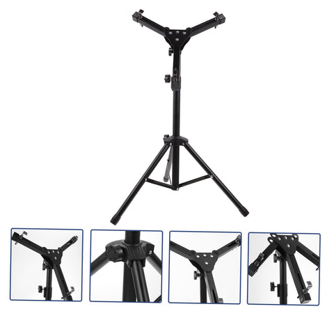 Folding Snare Drum Stand With Adjustable Height Tripod Base Heavy Duty Black Steel Practice Rack Quick Setup For Beginners shown in front view with locking mechanisms and adjustable height.