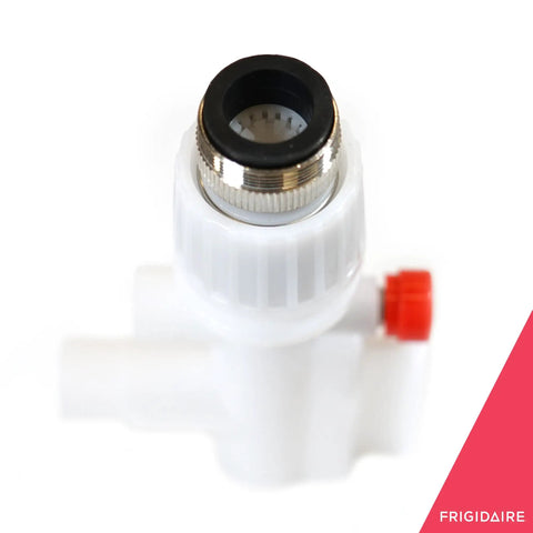 Close-up of white Faucet Adapter For Dishwashers 5304483509 with a red valve and metal connector, top view