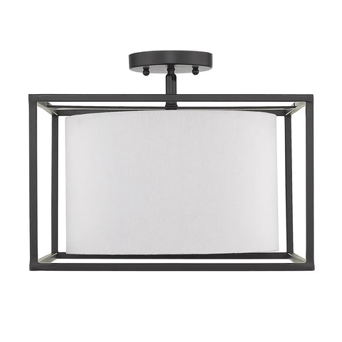 Manhattan Semi Flush Ceiling Light in Matte Black with White Shade Damp Rated, dope steel construction, open cage design