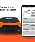 Smart MPPT Solar Charge Controller 40A for 12V/24V Systems with mobile app for WiFi control shown alongside device.