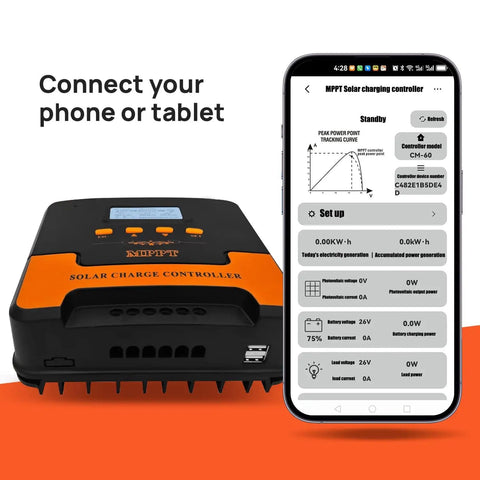 Smart MPPT Solar Charge Controller 40A for 12V/24V Systems with mobile app for WiFi control shown alongside device.
