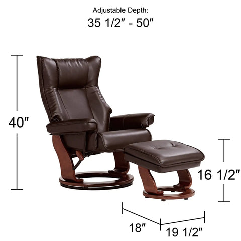Java Faux Leather Swivel Recliner Chair With Ottoman Modern Armchair Ergonomic Push Manual Recline shown with measurements