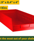 Rock Solid Heavy Duty Commercial Metal Wire Shelving Rack With Twenty Slanted Sorting Bins And Smart Labeling System For Garage Workshop Warehouse Organization In Bold Red, red slanted bin measuring 17.9 x 8.4 x 4 inches.