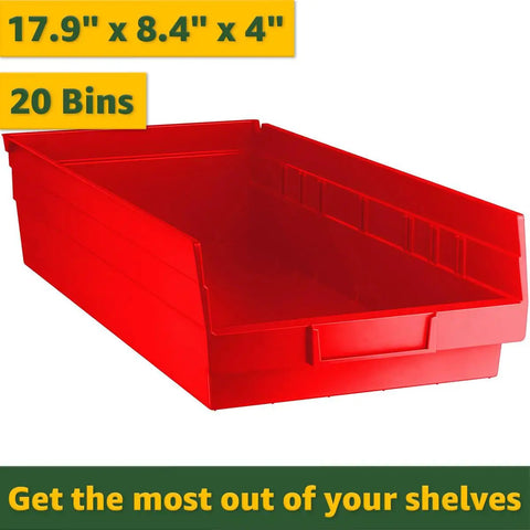 Rock Solid Heavy Duty Commercial Metal Wire Shelving Rack With Twenty Slanted Sorting Bins And Smart Labeling System For Garage Workshop Warehouse Organization In Bold Red, red slanted bin measuring 17.9 x 8.4 x 4 inches.