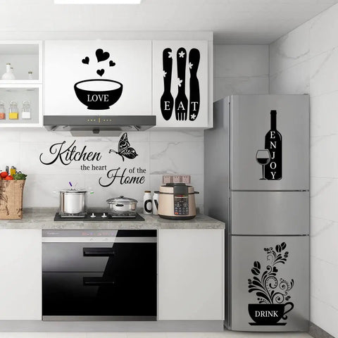 Eat Drink Love Vinyl Wall Decals Set With Heart Of The Home Quote For Dining Room And Living Room, Kitchen Wall Art Sign