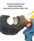 Precision crimping head of Pro Grade Slick Cordless Electric Hydraulic Crimping Pliers, rotating freely for efficient copper terminal use.
