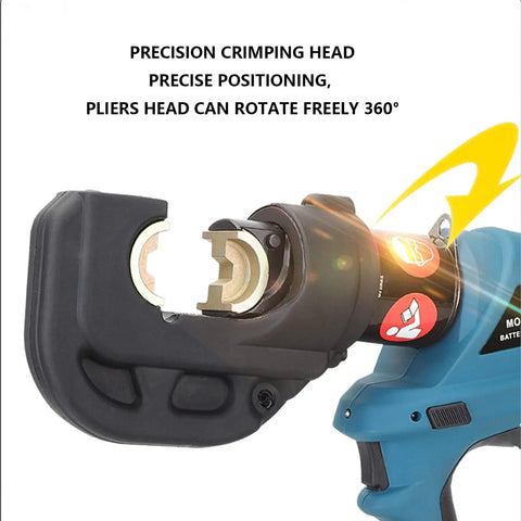 Precision crimping head of Pro Grade Slick Cordless Electric Hydraulic Crimping Pliers, rotating freely for efficient copper terminal use.
