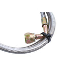 Close-up of Oil Feed Line Kit For T3 T4 T60 T61 T70 1/8 NPT 90 Degree 41 Inch Universal Turbocharger Stainless Steel Braided 4AN