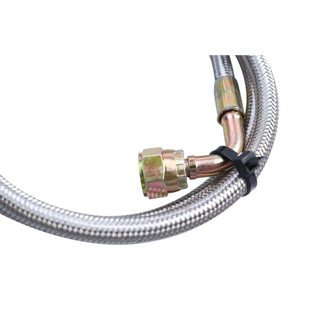 Close-up of Oil Feed Line Kit For T3 T4 T60 T61 T70 1/8 NPT 90 Degree 41 Inch Universal Turbocharger Stainless Steel Braided 4AN