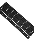 Flat Corner Braces 6 Pack Black Stainless Steel Table Leg Brackets shown laid out, highlighting durability and multiple holes.