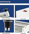 Detail view of LKJUIO 450W Shrink Wrapping Machine components including handle, power switch, fan support frame, and scroll wheel.