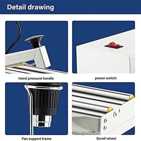 Detail view of LKJUIO 450W Shrink Wrapping Machine components including handle, power switch, fan support frame, and scroll wheel.