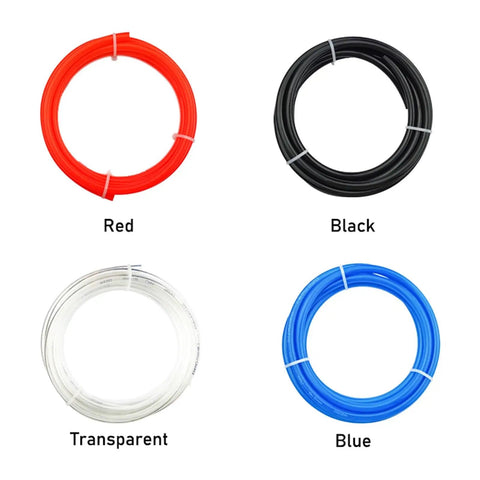 Grab This Badass High Pressure Pneumatic Air Hose That Is Super Flexible And Transparent For Effortless Flow Tracking 2 Meter Long Design Fits 6mm By 4mm Compatible With Air Tools For Garage Or Shop Projects Without Any Hassle Right Now. coiled 2m air hose in red, black, transparent, and blue