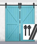 Black Steel Sliding Barn Door Hardware Kit With Big Rollers For 7 Foot Track Easy To Install With All Hardware shown on blue doors.